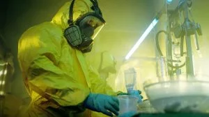 man in chemical suit cleaning lab